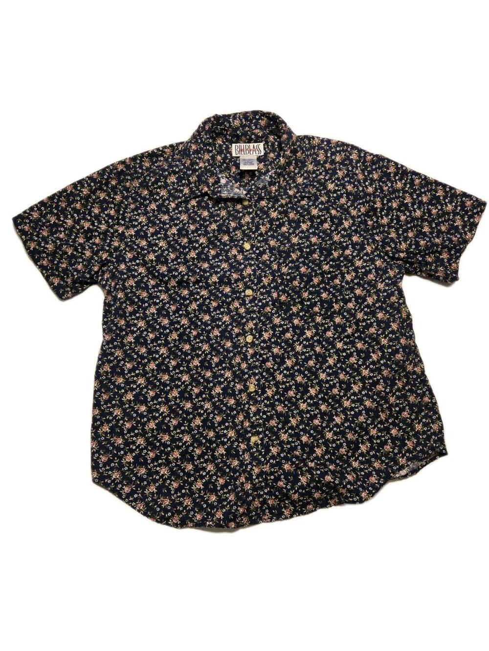 Vintage Bill Blass Short Sleeve Button Down Shirt Navy Floral Cotton Mens Sz L